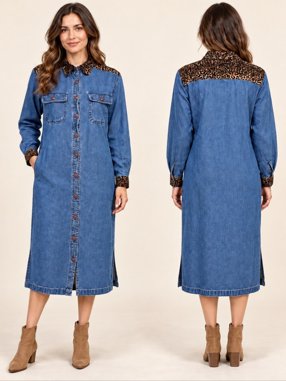 Vintage Denim Dress Animal Print Shoulders Cheetah Size Small Blue J Long Button